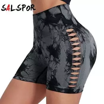 Женские шорты для йоги с галстуком-краской, полые бесшовные спортивные шорты с высокой талией S чёрный