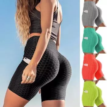 Женские шорты для йоги с контролем живота, шорты для тренировки с подтяжкой ягодиц и высокой талией, текстурированные леггинсы для тренажерного зала, фитнеса, спортивные шорты, антицеллюлитные шорты M чёрный