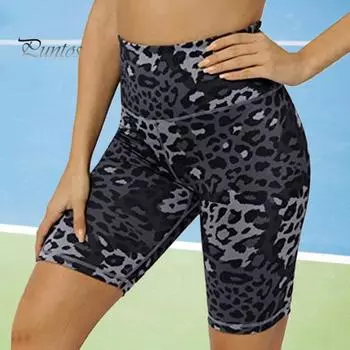 Женские шорты для йоги с высокой талией, камуфляжные узкие шорты с леопардовым принтом, эластичный пояс, шорты для фитнеса, облегающие брюки для йоги S чёрный