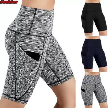 Женские шорты для йоги с высокой талией и карманами для бега, спортивные шорты для йоги, спортивные брюки M чёрный