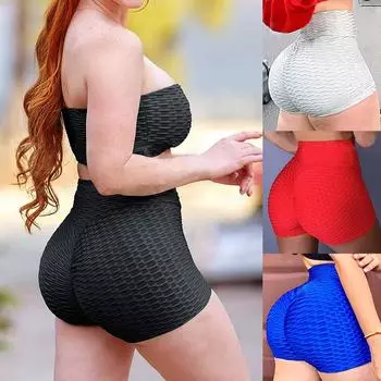 Женские шорты для йоги, высокая талия, контроль живота, леггинсы для фитнеса, пляжные шорты для бега, спортивные шорты с рюшами для подтяжки ягодиц, текстурированные шорты для тренировок, спортивные шорты M чёрный