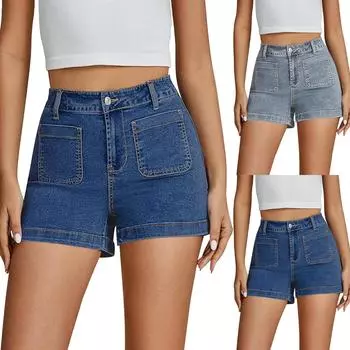 Женские шорты из эластичного денима с высокой талией и карманами спереди и сзади L темно-синий