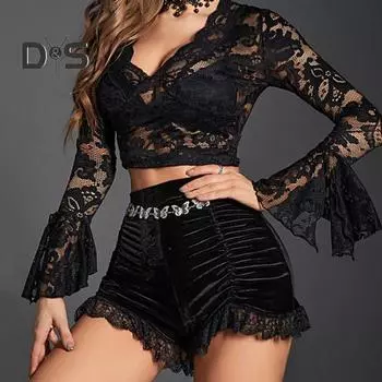 Женские шорты, кружевные лоскутные однотонные брюки с высокой эластичной резинкой на талии, облегающие темные стильные плиссированные брюки с нерегулярным подолом, супер короткие брюки, клубные брюки для вечеринок M чёрный