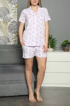 Женские шорты, пижамный комплект, с коротким рукавом, на пуговицах, с карманом, из хлопка, лайкры