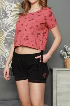 Женские шорты, пижамный комплект с короткими рукавами и карманами из хлопка и лайкры