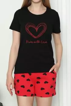 Женские шорты, пижамный комплект, с короткими рукавами, хлопок, сердце, лайкра