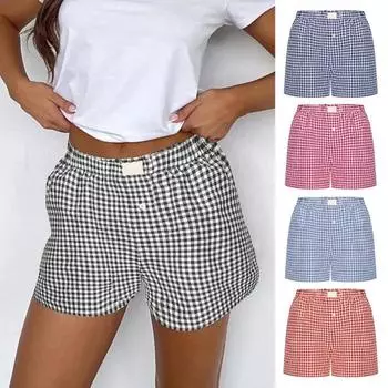 Женские шорты с высокой талией, эластичная талия, клетчатый принт, свободные шорты с декором на пуговицах, широкие ноги S горячий розовый