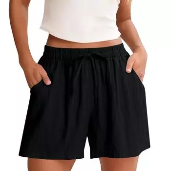 Женские шорты с высокой талией и шнурком до колена, эластичные удобные шорты с карманами M чёрный