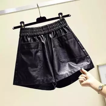 Женские шорты весна-осень короткие черные эластичные с высокой талией свободные широкие тонкие шорты для отдыха A Word 4XL чёрный