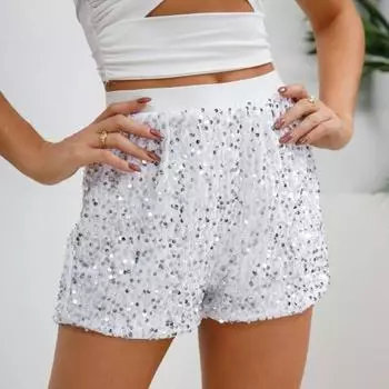 Женские шорты Yousheng с высокой талией, блестками и эластичной талией, облегающие прямые мини-шорты, шорты для клубных вечеринок и танцев, повседневные летние шорты M белый