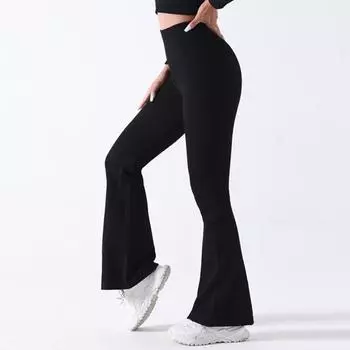Женские штаны для йоги, леггинсы с высокой талией, однотонные, компрессионные, эластичные, приподнятые, бесшовные, расклешенный подол, утягивающие живот, спортивные брюки S чёрный