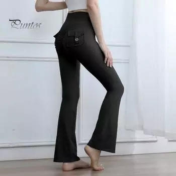 Женские штаны для йоги, однотонные облегающие расклешенные брюки с карманами, тонкие эластичные брюки в стиле карго, сексуальные длинные брюки с рюшами S чёрный