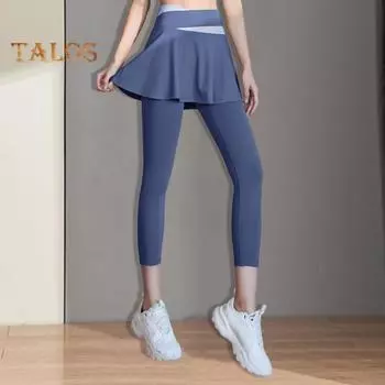 Женские штаны для йоги, поддельные двухсекционные антиэкспозиционные бесшовные эластичные с высокой талией, мягкие дышащие быстросохнущие юбки с поднятой ягодицами, брюки в стиле пэчворк, женские спортивные штаны S синий