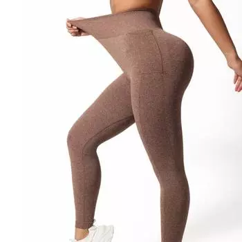 Женские штаны для йоги с высокой талией, однотонные ребристые леггинсы с боковым карманом 3D S коричневый