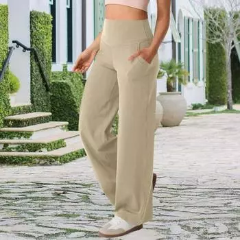 Женские штаны для йоги Yousheng, однотонные, с высокой талией, широкие спортивные штаны с карманами, утягивающие живот, прямые брюки для платья S верблюд