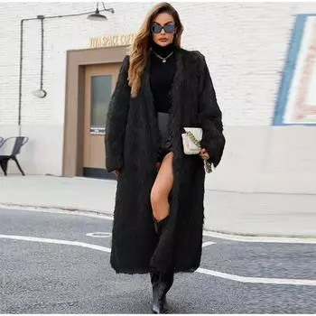 Женские шубы из искусственного меха с длинным рукавом, с открытым швом, длинные куртки с V-образным вырезом, плотное пальто, элегантная женская верхняя одежда на осень и зиму S чёрный