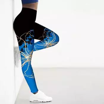 Женские синие эластичные леггинсы для йоги с цветочным принтом, фитнеса, бега, спортзала, спорта и активного отдыха XS синий