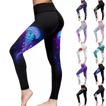 Женские синие эластичные леггинсы с медузами и принтами для йоги, фитнеса, бега в тренажерном зале, спортивные активные брюки XS чёрный