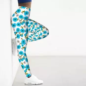 Женские синие эластичные леггинсы с принтом хризантем для занятий йогой, фитнесом, бегом, спортом в спортзале, активными штанами XS синий