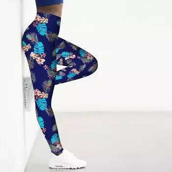 Женские синие эластичные леггинсы с принтом перьев для йоги, фитнеса, бега, спортзала, спорта и активного отдыха XS синий