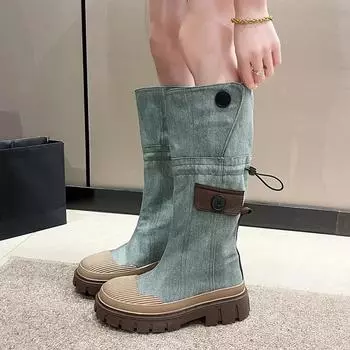 Женские синие джинсовые высокие сапоги на толстом каблуке, простые толстые высокие каблуки, осень-зима, новые модные рыцарские сапоги на платформе до колена 35 синий