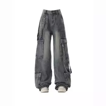 Женские синие джинсы Брюки-карго Уличная одежда с высокой талией Американские широкие брюки Модные женские зимние прямые брюки в стиле Y2K Новые S синий