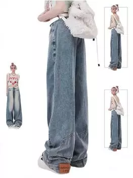 Женские синие джинсы Harajuku Эстетическая уличная одежда Мешковатые джинсовые брюки Y2k Свободные прямые джинсовые брюки Винтаж 2000-х годов Повседневная одежда S синий