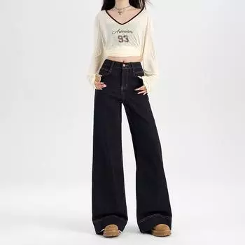 Женские синие джинсы из денима широкого кроя на флисовой подкладке для осени/зимы Extra Small