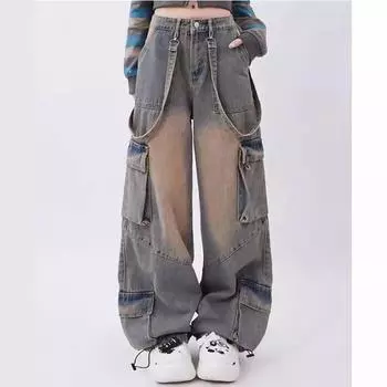 Женские синие джинсы-карго большого размера Harajuku Vintage Baggy Y2k Denim Trouser Aesthetic Wide Jean Pants Trashy Clothes S синий