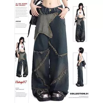 Женские синие джинсы-карго, мешковатые, винтажные, 90-е, эстетичные, ковбойские брюки с высокой талией, брюки из денима в стиле Харадзюку, одежда 2000-х годов S синий