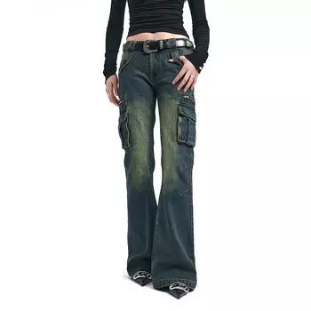 Женские синие джинсы-карго с боковым карманом Harajuku Y2k 90-е эстетические брюки из денима с высокой талией 2000-е годы джинсы свободного покроя винтажная одежда S синий