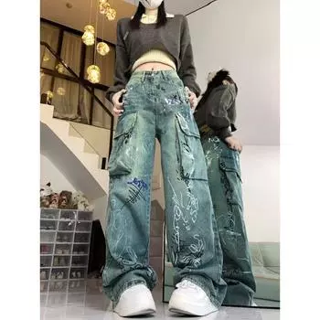 Женские синие граффити-джинсы-карго, мешковатые винтажные корейские ковбойские брюки, брюки из денима в стиле Харадзюку, эстетика 90-х, 2000-е, дрянная одежда S синий