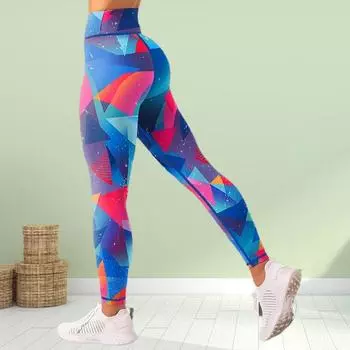 Женские синие квадратные принты эластичные леггинсы для йоги фитнеса бега спортзала спорта активных штаны XS синий