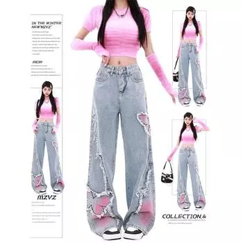 Женские синие мешковатые джинсы-бабочки, винтажные ковбойские брюки, джинсовые брюки в стиле Харадзюку, эстетика Y2k, оверсайз, дрянная одежда 2000-х годов, 2024 S синий