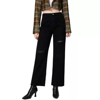 Женские синие потертые рваные прямые брюки L чёрный