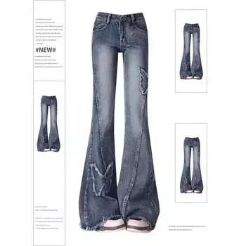 Женские синие расклешенные джинсы, мешковатые винтажные ковбойские брюки с низкой талией в стиле 90-х, джинсовые брюки в стиле Харадзюку, Y2k, дрянная эмо, одежда 2000-х годов S синий