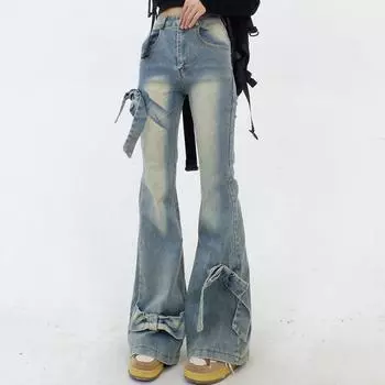 Женские синие расклешенные джинсы с бантом в стиле Харадзюку, эстетичная уличная одежда 90-х, мешковатые джинсовые брюки, джинсовые брюки Y2k, винтажная дрянная одежда 2000-х годов S синий