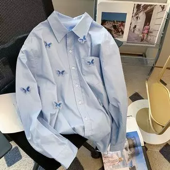 Женские синие рубашки с вышитыми бабочками, однобортные блузки с длинными рукавами и лацканами, повседневный женский топ с карманом M синий