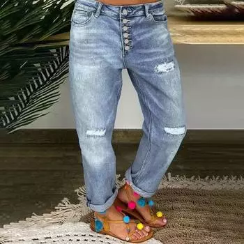 Женские синие рваные джинсы Женские свободные прямые повседневные брюки M синий
