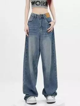 Женские синие широкие прямые джинсы с высокой талией 2023 года: Модные брюки для мытья полов на весну/осень 3XL синий