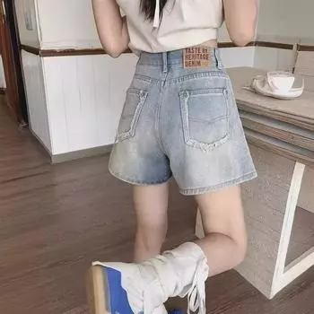 Женские синие шорты с высокой талией и широкими штанинами 2024 года: Гонконгский стиль, большие размеры, летняя мода для похудения XL светло-синий