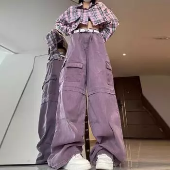 Женские синие свободные повседневные джинсы с контрастным краем и широкими штанинами XL синий