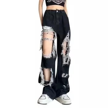 Женские синие свободные повседневные джинсы с контрастным краем и широкими штанинами L чёрный