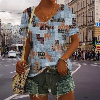 Женские синие топы с v-образным вырезом и коротким рукавом с квадратным принтом, свободная футболка, повседневная блузка XS синий