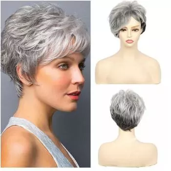Женские синтетические короткие вьющиеся волосы, женские серебристо-белые серые пушистые парики с челкой, повседневные вечерние косплей-парики из термостойкого волокна серебряный серый