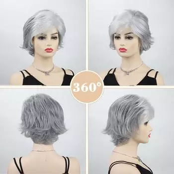 Женские смешанные серые серебристые вьющиеся парики с челкой, синтетические короткие многослойные волосы для бабушки, повседневные вечерние косплей-парики из термостойкого волокна серебряный серый