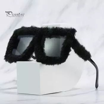 Женские солнцезащитные очки с пушистой плюшевой отделкой, продолговатая оправа из поликарбоната, солнцезащитные очки с защитой от ультрафиолета для клубных вечеринок и фотосъемки синий