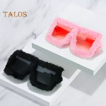 Женские солнцезащитные очки с пушистой плюшевой отделкой, продолговатая оправа из поликарбоната, солнцезащитные очки с защитой от ультрафиолета для клубных вечеринок и фотосъемки синий