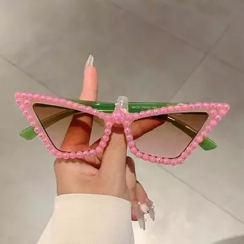 Женские солнцезащитные очки с жемчугом, модные солнцезащитные очки «кошачий глаз», розовые милые эстетические очки, необычные солнцезащитные очки неправильной формы