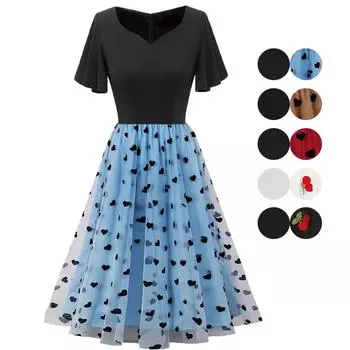 Женские солнцезащитные платья, сетчатое пушистое платье-миди с вышивкой в стиле ретро, дворцовый стиль, повседневная верхняя одежда для праздника и вечеринки S чёрный/синий